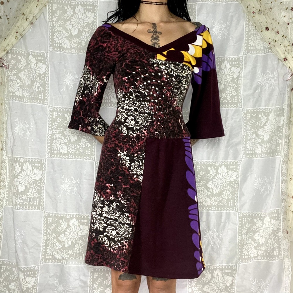Forla Paris Y2K Mixed Print Patchwork Spiral Studded Whimsigoth Bellsleeve Dress